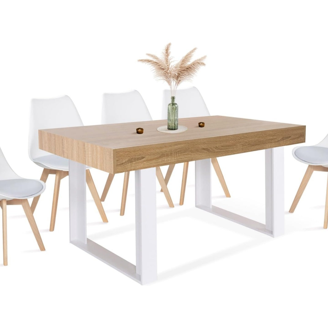 Table rectangulaire pour repas six personnes avec plateau 160 cm, combinaison de couleurs blanc et bois naturel