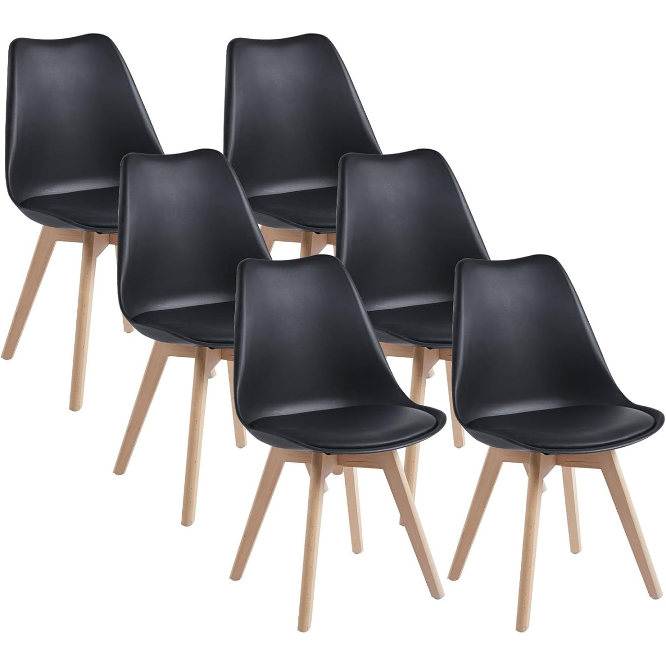 Set de six chaises scandinaves noires avec pieds en hetre massif, siege polyvalent pour cuisine chambre ou salon