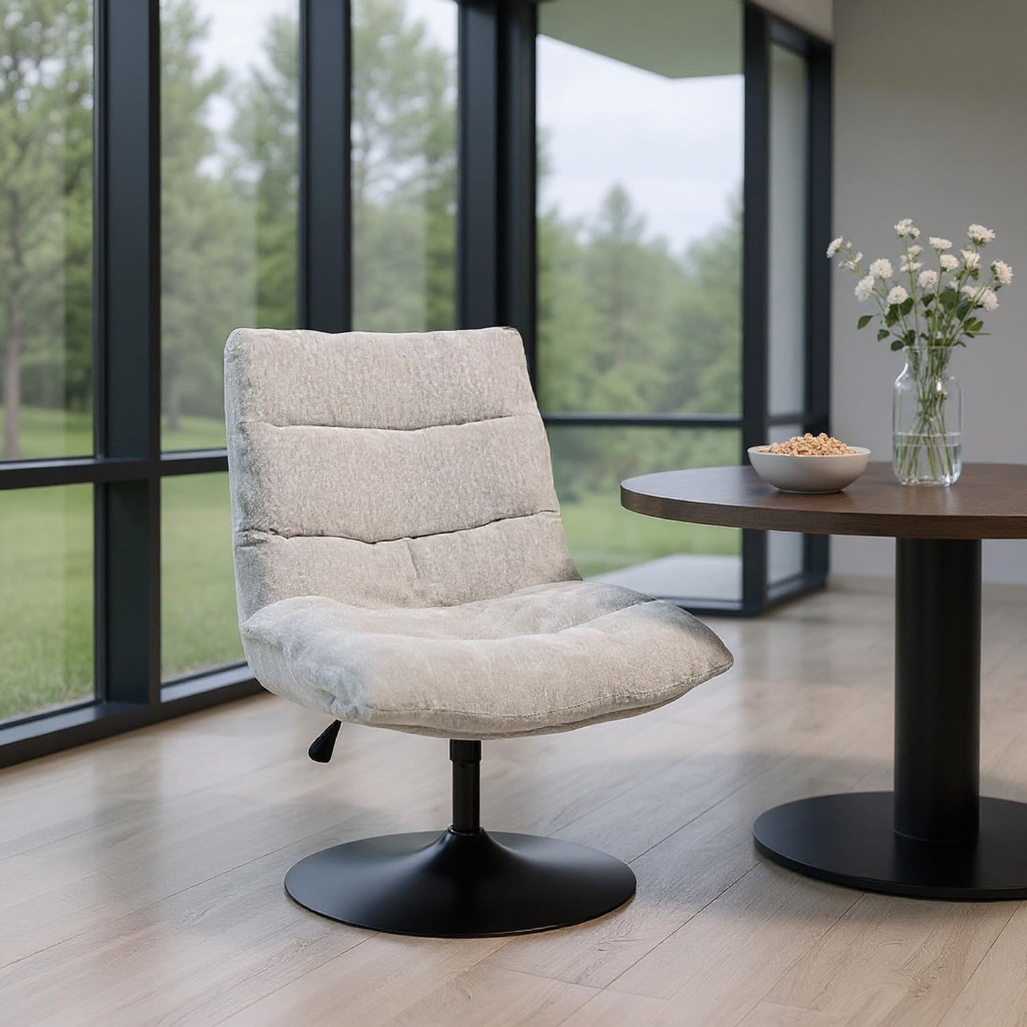Chaise pivotante en chenille grise reglable en hauteur avec dossier inclinable et base pratique