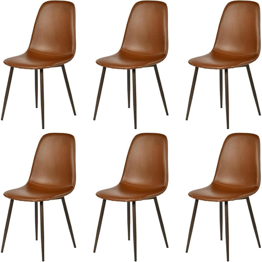 Ensemble de six chaises vintage marron en PU rembourre, pieds en metal et confort ideal pour cuisine ou salle a manger