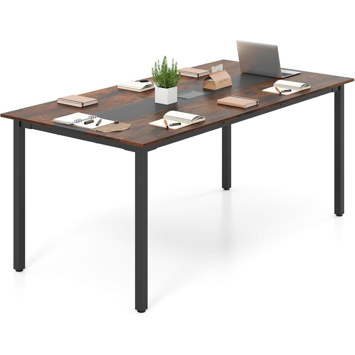 Table de conference rustique marron 180 x 90 cm avec passage cable pratique pour reunion ou repas