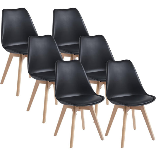 Set de six chaises scandinaves noires avec pieds en hetre massif, siege polyvalent pour cuisine chambre ou salon