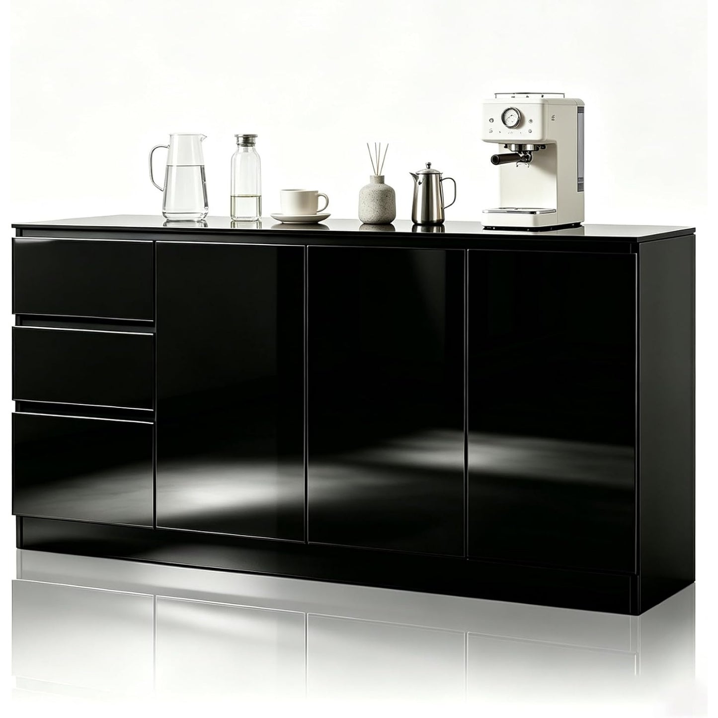 Buffet brillant 140 cm avec trois tiroirs et trois portes, meuble bas elegant pour cuisine ou espace repas noir