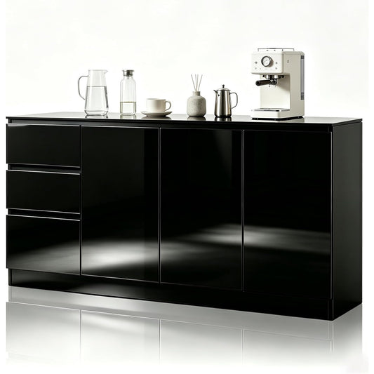 Buffet brillant 140 cm avec trois tiroirs et trois portes, meuble bas elegant pour cuisine ou espace repas noir