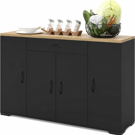 Armoire basse noire 110 cm avec quatre portes et tiroir, meuble sobre pour salle a manger ou espace de vie