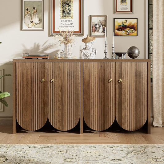Buffet bois fonce 147 x 40 x 80 cm avec quatre portes, tablettes ajustables et poignees aluminium, meuble polyvalent