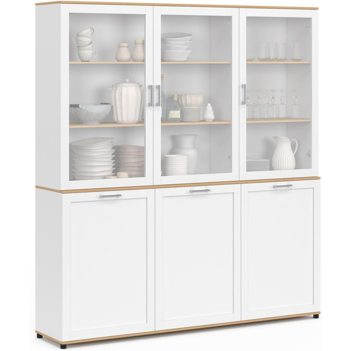 Grande armoire de salle a manger 160 cm avec six portes, combinaison bois et blanc pour un rangement spacieux