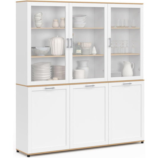 Grande armoire de salle a manger 160 cm avec six portes, combinaison bois et blanc pour un rangement spacieux