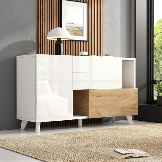 Meuble de rangement blanc brillant avec finition bois naturel, buffet moderne pour salle a manger et salon avec espaces pratiques