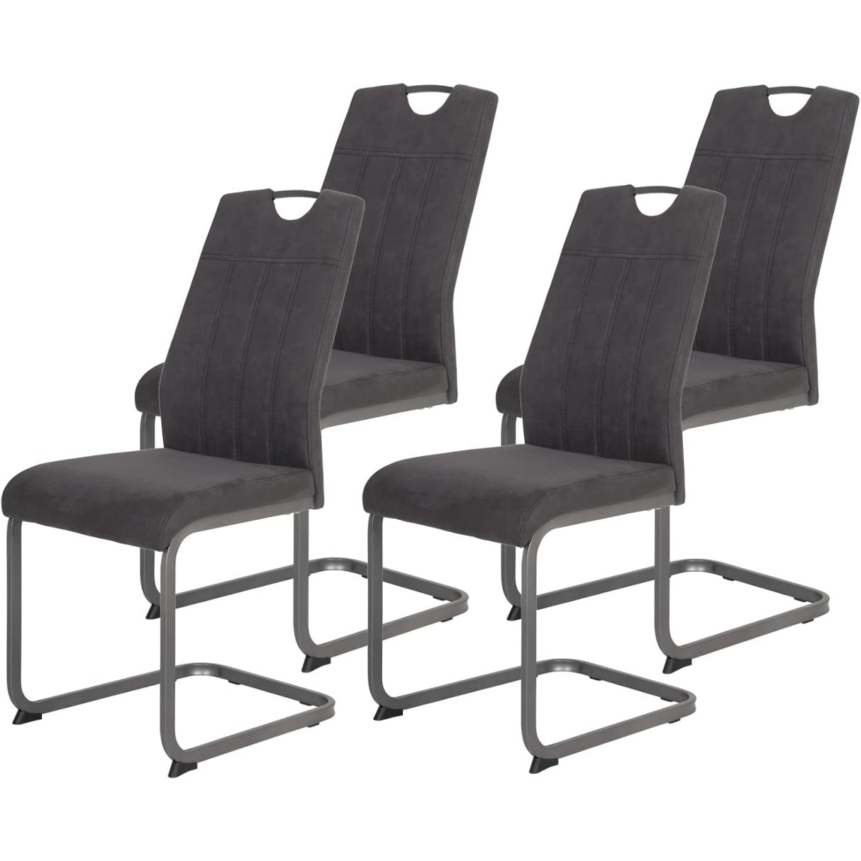 Quatre chaises luge anthracite en microfibre style vintage, structure grise metallique et prise pratique au dossier