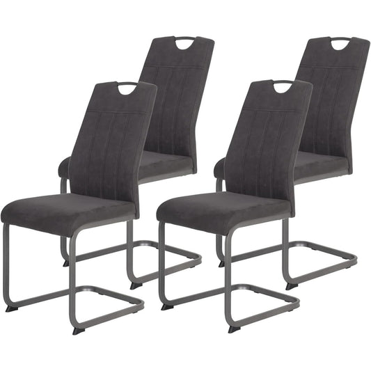 Quatre chaises luge anthracite en microfibre style vintage, structure grise metallique et prise pratique au dossier