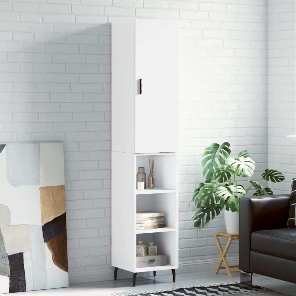Armoire haute blanche 180 cm avec pieds metalliques, portes et tiroir, grand rangement vertical pour maison ou bureau