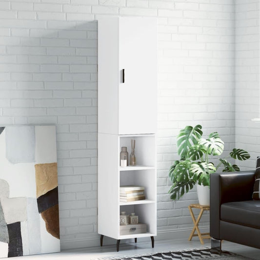 Armoire haute blanche 180 cm avec pieds metalliques, portes et tiroir, grand rangement vertical pour maison ou bureau