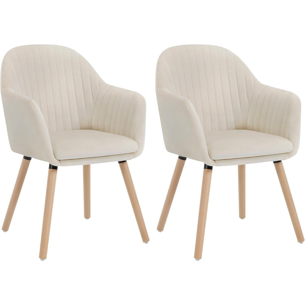 Ensemble de deux chaises repas en velours creme blanc, design confortable pour cuisine salle a manger ou espace travail