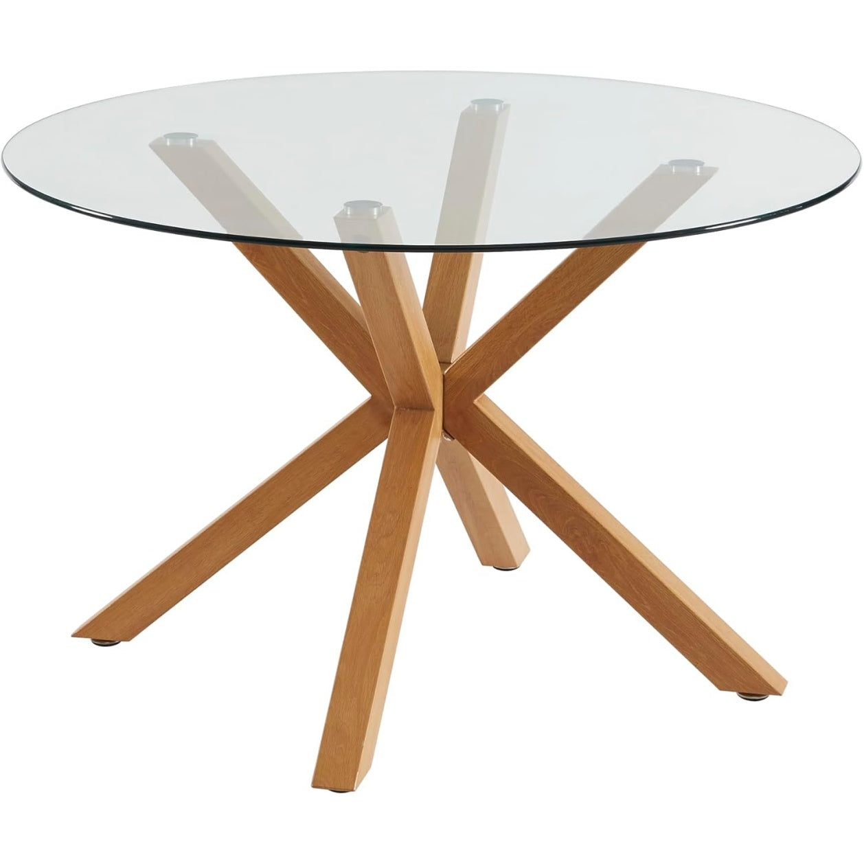 Table ronde repas en verre avec finition effet chene, diametre 120 cm, design moderne pour interieur contemporain