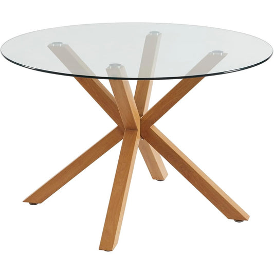 Table ronde repas en verre avec finition effet chene, diametre 120 cm, design moderne pour interieur contemporain