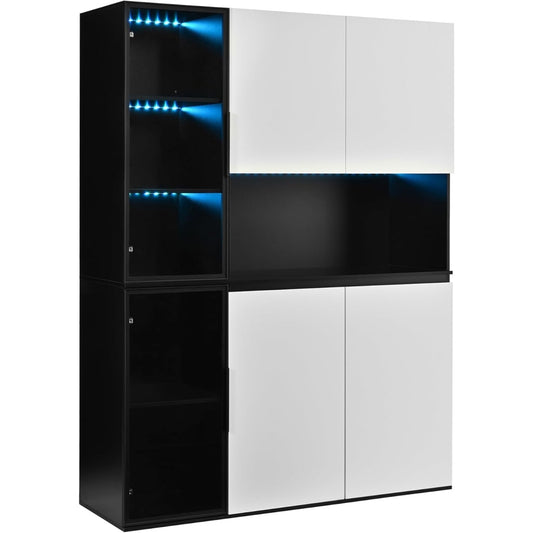 Vitrine haute bicolore noir et blanc avec portes vitrees, lumiere LED integree et structure MDF offrant un grand espace de rangement pour salon ou repas