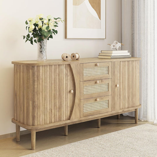 Buffet en rotin 140 cm avec portes coulissantes, plateau arrondi et rangement modulable en bois