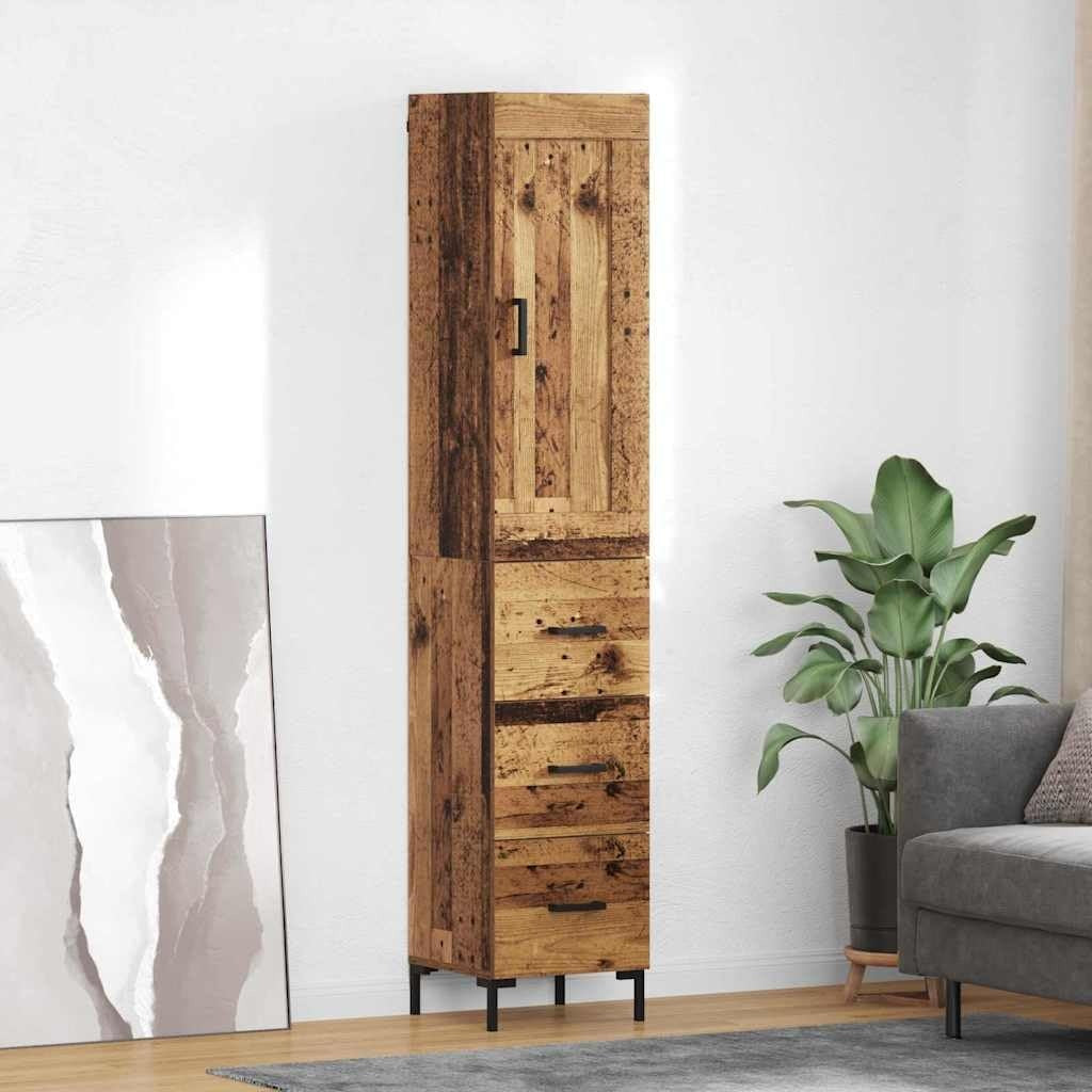 Meuble colonne aspect bois vieilli 34,5 x 34 x 180 cm avec tiroir, porte et tablette, combinaison pratique de rangement et stabilite