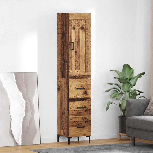 Meuble colonne aspect bois vieilli 34,5 x 34 x 180 cm avec tiroir, porte et tablette, combinaison pratique de rangement et stabilite