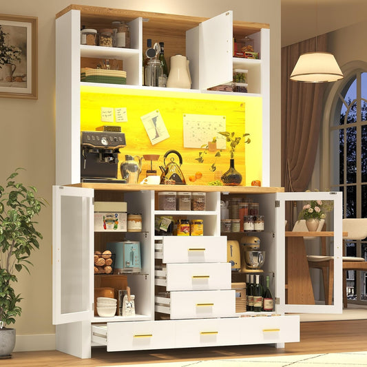Grande armoire de cuisine blanche 188 cm avec LED integree, facades vitrees, six tiroirs et etageres modulables pour un rangement complet
