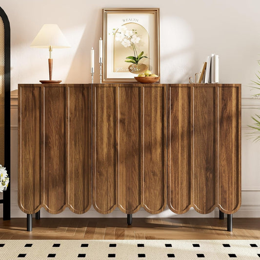 Commode design 120 cm finition bois fonce avec facades texturees sans poignees et tablettes interieures ajustables