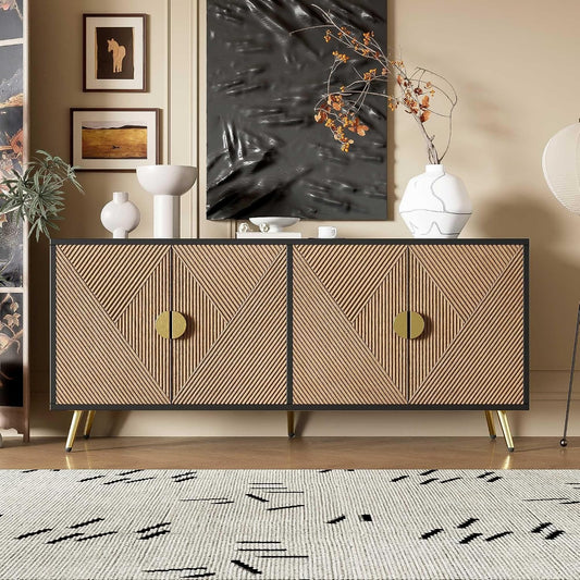 Bahut decoratif 160 cm avec quatre portes, facade en relief, pieds design et poignees metallisees dorees