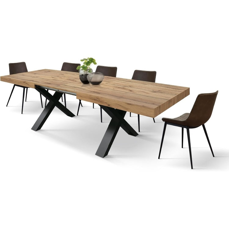 Table extensible chene rustique 180 cm avec pieds croises noirs pour salon