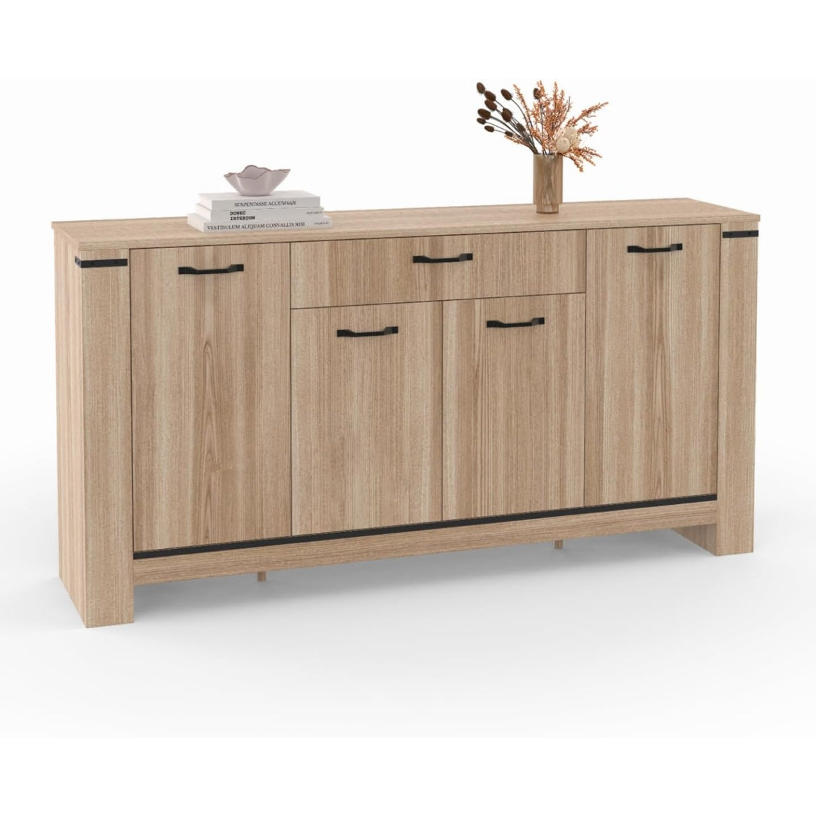 Meuble bas contemporain 160 cm avec quatre portes et tiroir central pour salon ou salle a manger