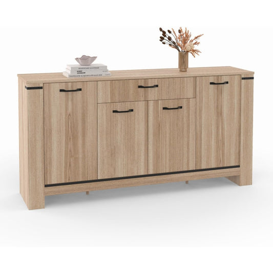 Meuble bas contemporain 160 cm avec quatre portes et tiroir central pour salon ou salle a manger