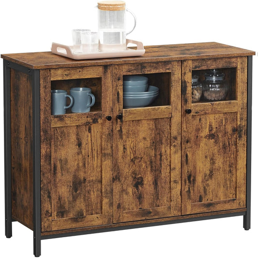 Rangement salle a manger style industriel avec trois portes, structure acier et finition marron noir