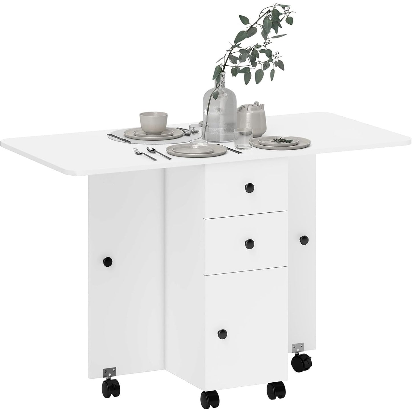 Table pliante blanche de cuisine avec 2 tiroirs, dimensions 120 x 60 x 76,5 cm, mobilier compact et fonctionnel