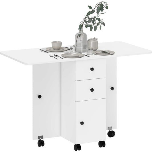 Table pliante blanche de cuisine avec 2 tiroirs, dimensions 120 x 60 x 76,5 cm, mobilier compact et fonctionnel